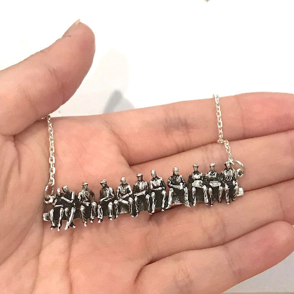 Iron Workers Having Lunch on High Beam Necklace Pendant Choice of 92.5 Sterling Silver or Golden Brass Construction Mini Statue Jewelry
