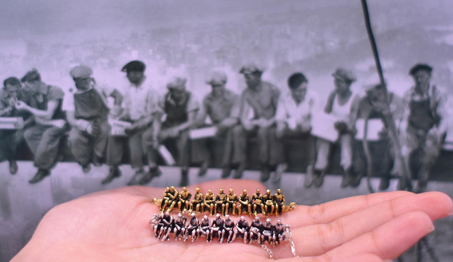 Iron Workers Having Lunch on High Beam Necklace Pendant Choice of 92.5 Sterling Silver or Golden Brass Construction Mini Statue Jewelry